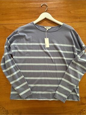 johnnie-O Women’s Striped Long-Sleeve Crewneck — Slate Blue & Light Blue Small